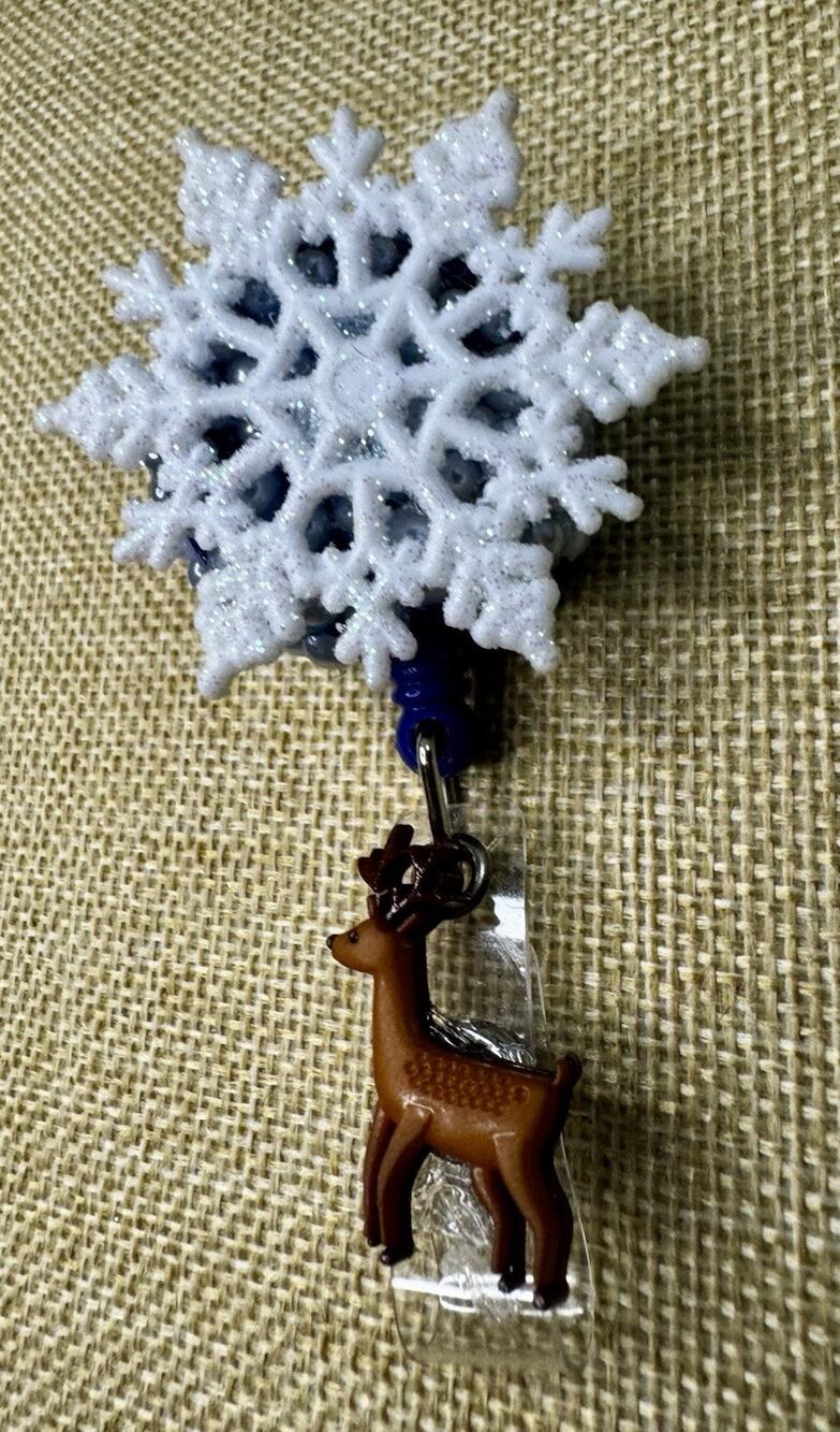 Snowflake On Blue Pearls with Deer Retractable Badge Holder Handmade